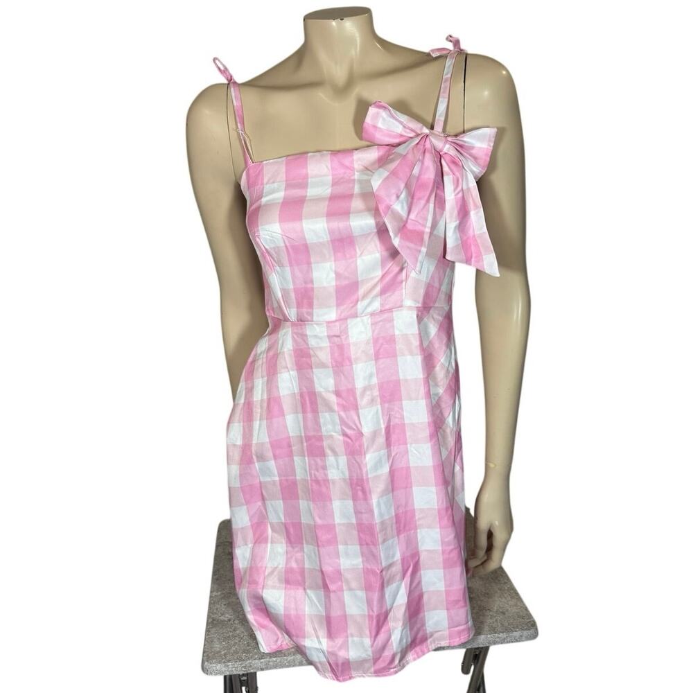NWOT Pink Gingham Tie Strap Bow Mini Dress Small